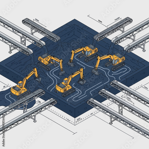 Heavy Machinery and Conveyor Belts on a Blueprint.