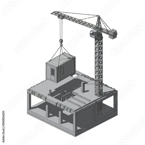 Isometric view of a construction site with a tower crane lifting a modular building section.