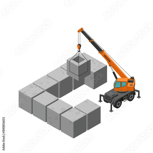 Crane Lifting Concrete Block Construction Site Isometric View.