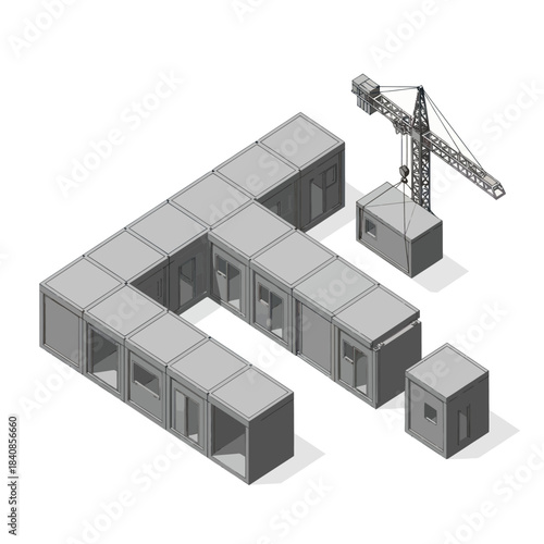 Isometric view of modular construction site with crane and building blocks.