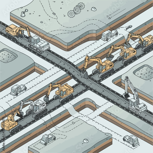 Heavy machinery excavating and constructing a complex underground infrastructure network.