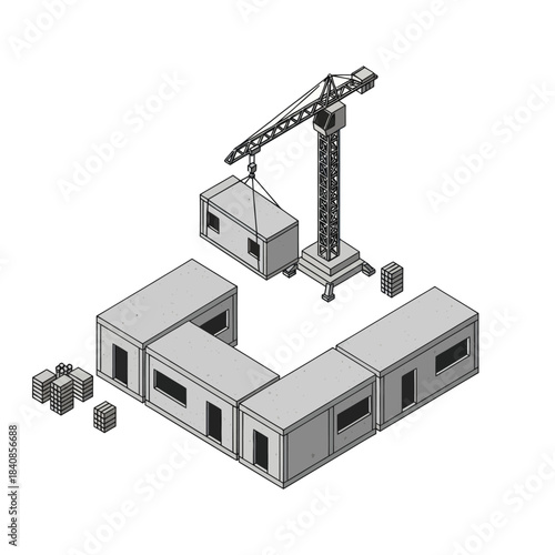 Isometric illustration of a construction site with a crane lifting a modular building unit.