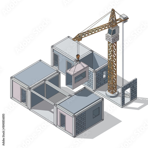 Construction Crane Assembling Modular Building Components.