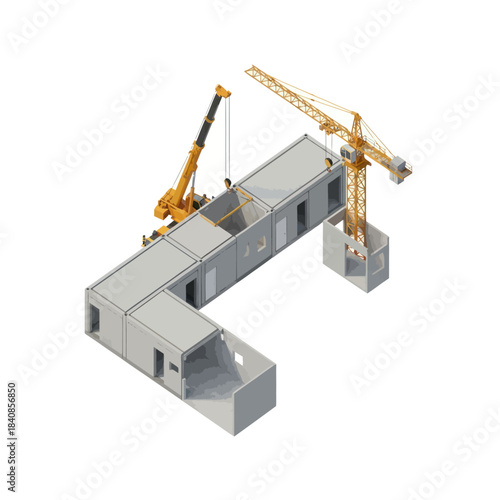 Isometric view of a construction site with cranes lifting prefabricated concrete sections for a building.