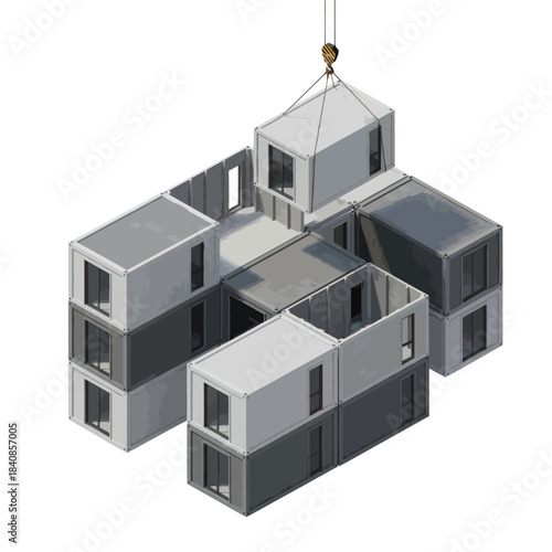 Modular construction of a building with prefabricated units being lifted by a crane.