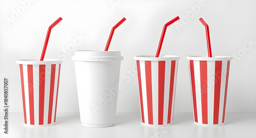 soda, softdrink, cola, fizzy soda, carbonated drink, beverage cup, drink cup, paper cup, disposable cup, takeaway cup, straw, lid, cold soda, iced drink, refreshment, fast food, junk food, street food
