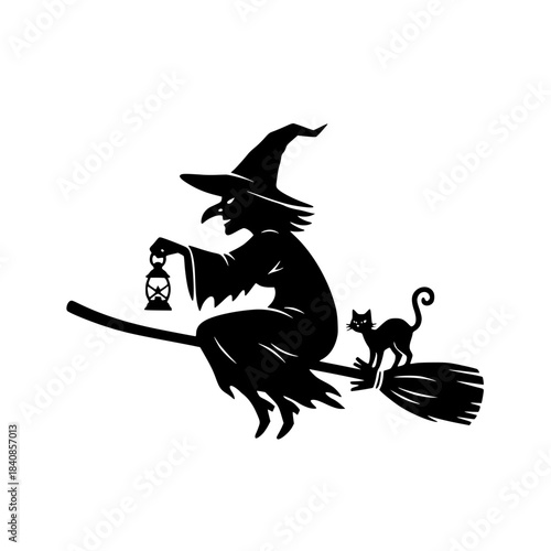 Silhouette of a witch on a broomstick with a black cat