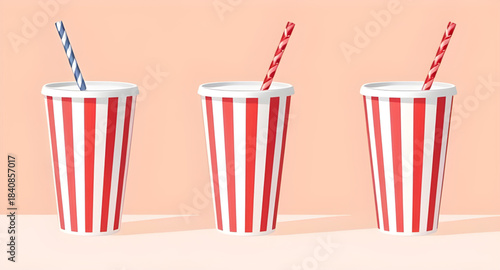 soda, softdrink, cola, fizzy soda, carbonated drink, beverage cup, drink cup, paper cup, disposable cup, takeaway cup, straw, lid, cold soda, iced drink, refreshment, fast food, junk food, street food