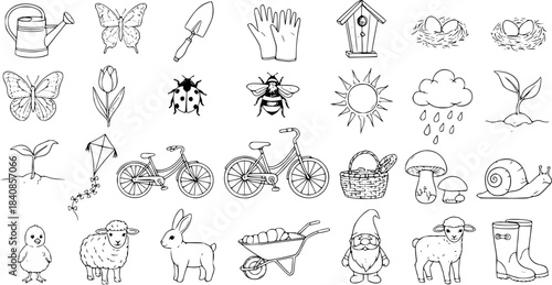Hand-Drawn Black and White Line Art Collection of Spring and Gardening Elements, Nature Icons, and Farm Animals. Vector Doodle Set for Seasonal and Outdoor Themes.
