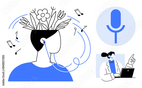 Mental health, music therapy, online education, voice technology, counseling, creativity. Person listening to music with floral head, microphone icon online counselor at a desk. Mental health