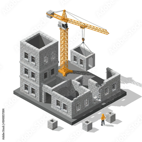 Construction Crane Building Isometric House Structure.
