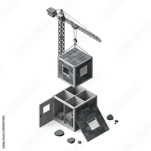 Construction crane lifting a modular house section onto a base.