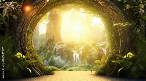 Enchanted Forest Portal Opening to a Sun-Drenched Landscape with a Waterfall