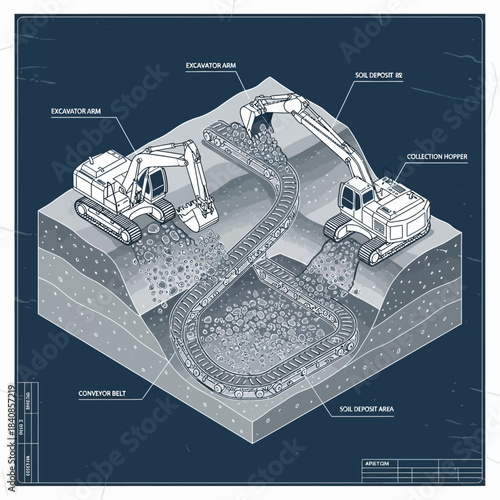 Isometric blueprint of excavators working on a construction site.