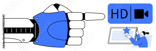Artificial intelligence, technology interaction, digital media, streaming platforms, user feedback, online learning. Robot pointing at HD video icon and person interacting with a screen. Artificial