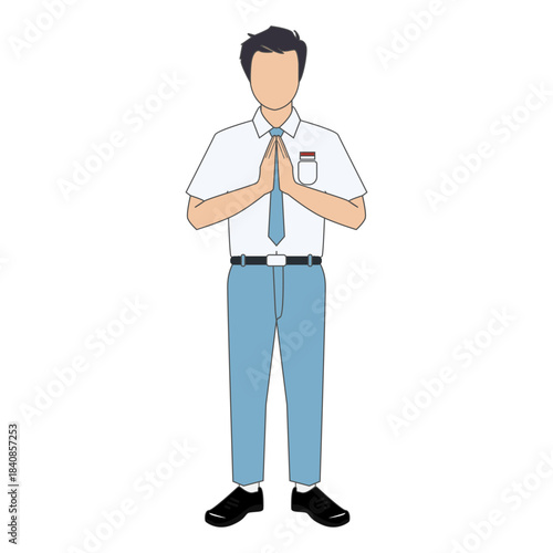 Indonesian High School Student in Uniform Performing a Traditional Greeting Gesture, Symbolizing Respect and Politeness