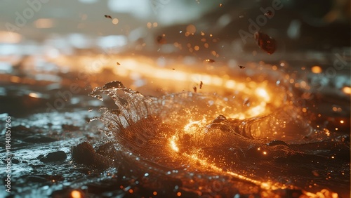 Wallpaper Mural A dynamic splash of water illuminated by golden light, creating a glowing trail with scattered droplets and reflections. Torontodigital.ca