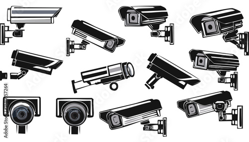 Various cctv camera icon set in black and white 
