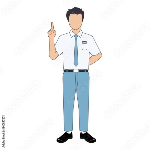 Male student in uniform pointing finger upwards, presenting an idea or asking a question, flat vector illustration