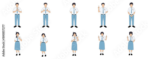 Indonesian High School Students in Uniforms, Male and Female, Posing with Various Gestures like Thumbs Up, Pointing, and Greeting