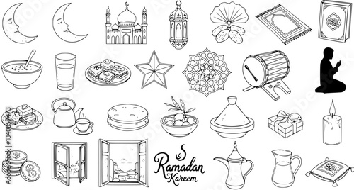 Ramadan Kareem Islamic Culture Black and White Line Art Icon Set. Hand-drawn collection of Muslim elements, mosque, lantern, dates, prayer, and traditional food doodles for religious celebrations.
