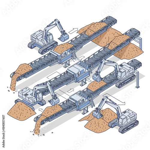 Isometric illustration of a large-scale industrial conveyor belt system with excavators moving bulk materials.