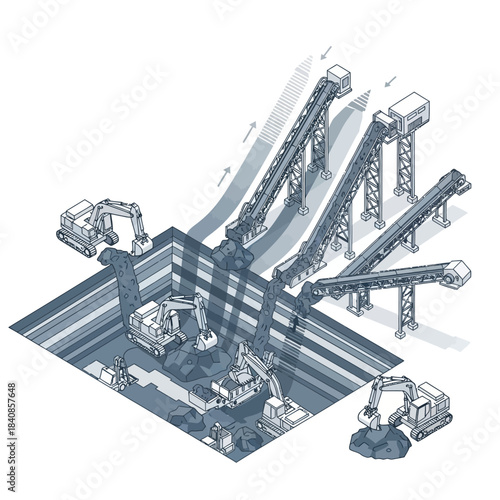 Isometric illustration of a large-scale mining operation with excavators and conveyor belts.