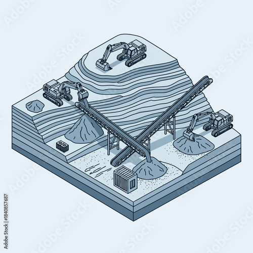 Isometric illustration of a quarry with excavators and conveyor belts.