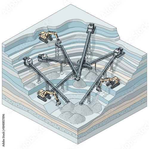 Isometric illustration of an open-pit mine with excavators and conveyor belts.