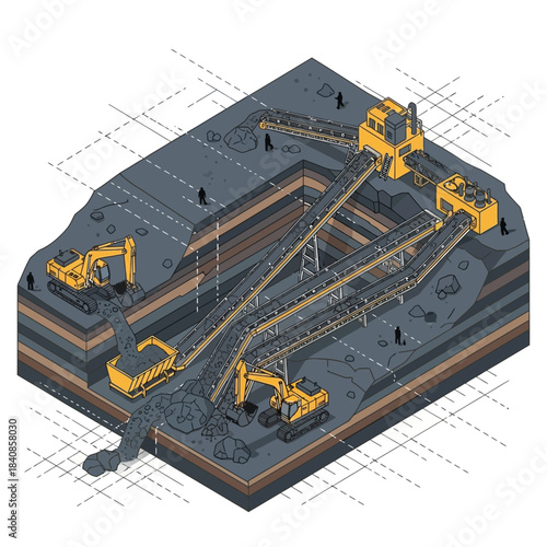 Isometric illustration of an open-pit mining operation with heavy machinery.