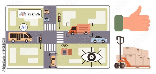 Smart roads with AI supervising vehicles, traffic lights, and logistics. Includes data speeds, monitoring eye, and delivery boxes. Ideal for technology, transportation, logistics efficiency safety