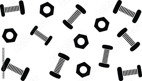 Seamless Pattern of Black Bolts and Nuts on White Background