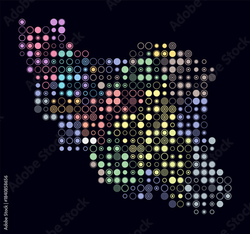 Iran, shape of the country build of colored cells. Digital style map of the Iran on dark background. Large size circle blocks. Trending vector illustration.