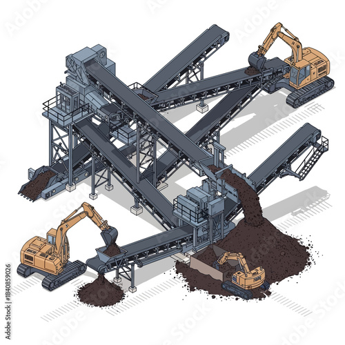 Isometric view of a large-scale industrial mining and processing plant with excavators.
