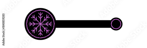 Purple snowflake seal label icon with black circle for package lid. This xmas ornament and crayon product element creates a decorative package accent in a festive winter style.