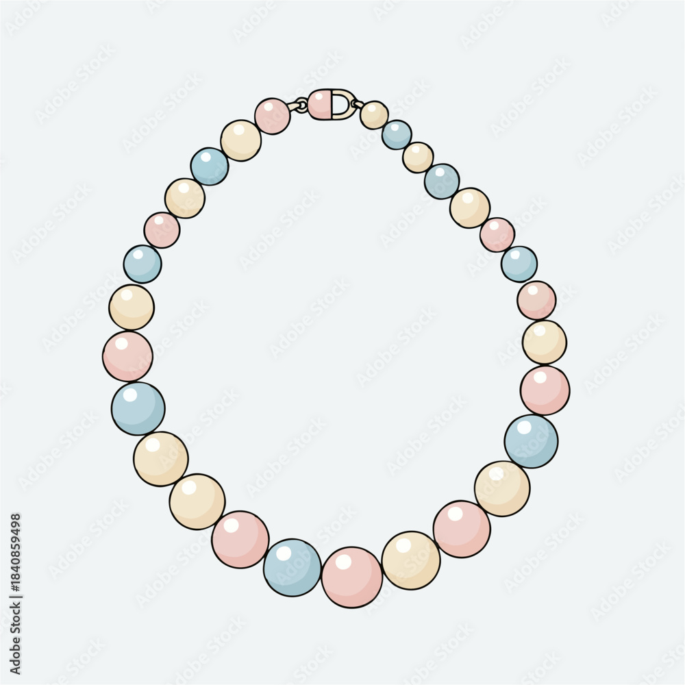 Obraz premium Elegant illustrated necklace featuring lustrous pastel pearls in various soft shades, symbolizing beauty, style, and refined fashion accessory design element