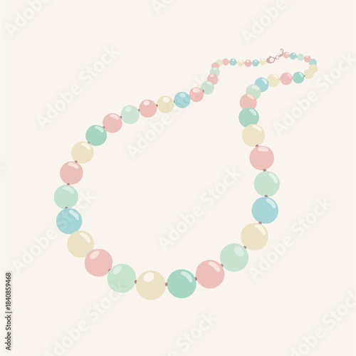Colorful pastel beaded necklace illustration with smooth, round beads in soft pink, blue, green, and yellow tones, a graceful and charming fashion accessory graphic