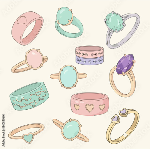 Beautifully illustrated collection of charming fashion rings, adorned with delicate pastel gemstones and unique band designs, ideal for jewelry concepts and style