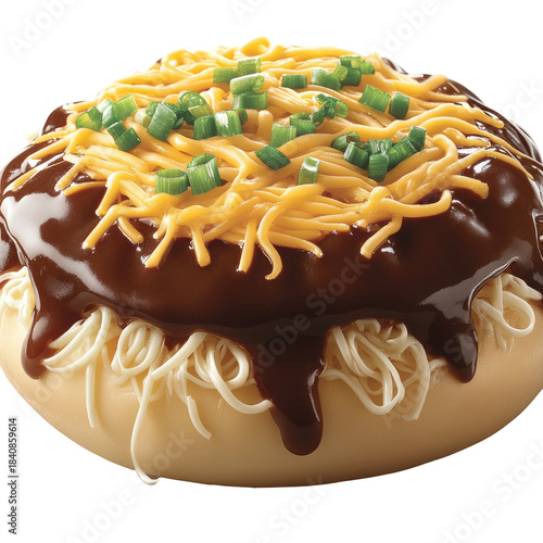 Skyline chili-esque dish with spaghetti and green onions