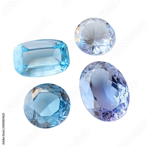 Four gems, varying cut, blue hue, shine on black ground