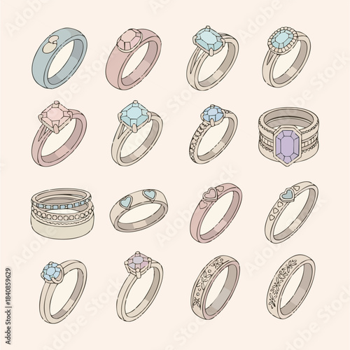 Collection of elegant engagement rings with gemstones and intricate band details