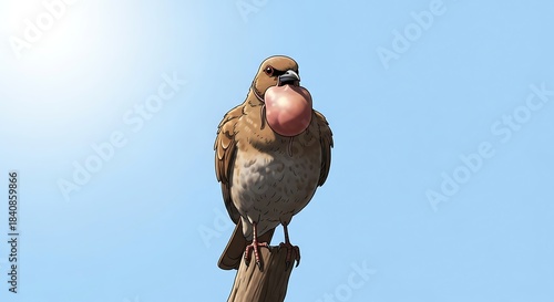 Brown bird with swollen throat perched on a wooden post against a blue sky animal wildlife