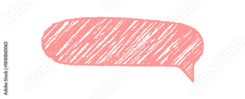 Pink crayon sketch organic chat bubble with a diagonal scribble texture. Oval and rectangle shape forms a speech bubble for communication. Graphic element brings free and artistic message style.