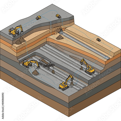 Isometric view of an open-pit mine with heavy machinery.