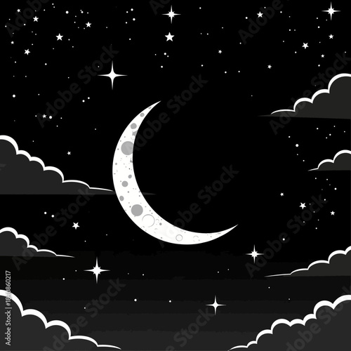 A celestial night with a crescent moon, stars, and soft clouds