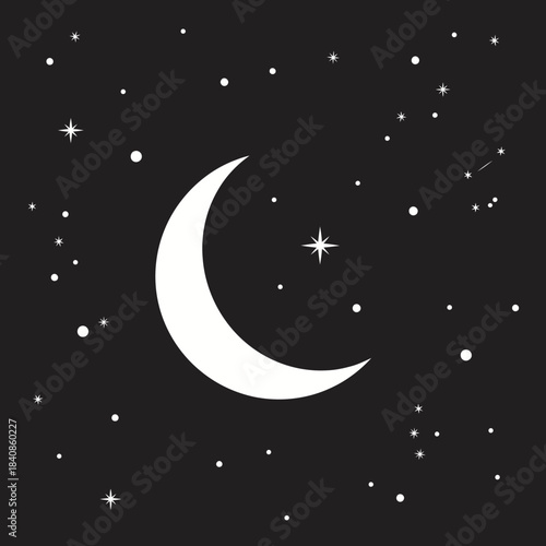 Crescent moon, shining stars, and constellations at night