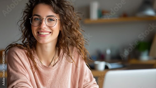 Portrait of happy young woman or student wearing glasses sitting at desk at home office with laptop