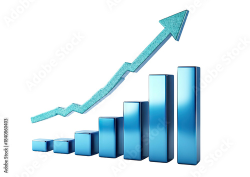 Rising bar chart with teal arrow on black, upward trend