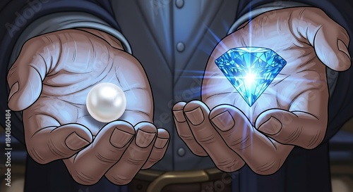 Hands holding a pearl and a diamond, representing choice and value image photo