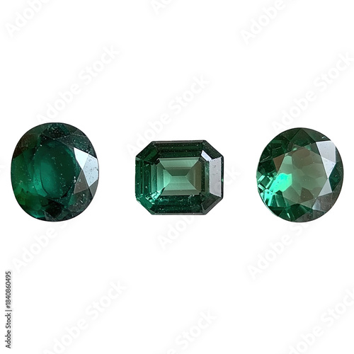 Three cut green gemstones shown on black